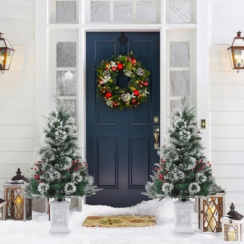 3ft Prelit Snow Flocked Christmas Tree with Light Up White Moose Box Base