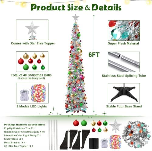 N&T NIETING Pop Up Christmas Tree with Lights, Collapsible Tinsel Xmas Tree Decorations, Pencil Christmas Tree Skinny Tree for Holiday Xmas Home Office Decor, 40 Balls, 6Ft, Silver