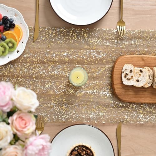 Artoid Mode Coffee Gold Gauze Table Runner 120 Inch 10FT, Glitter Metallic Foil Sheer Dining Wedding Anniversary Holiday Birthday Table Decor for Home Party