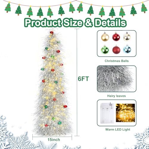 Christmas Tree 6FT Artificial Xmas Decor Pop Up with Decoration Silver