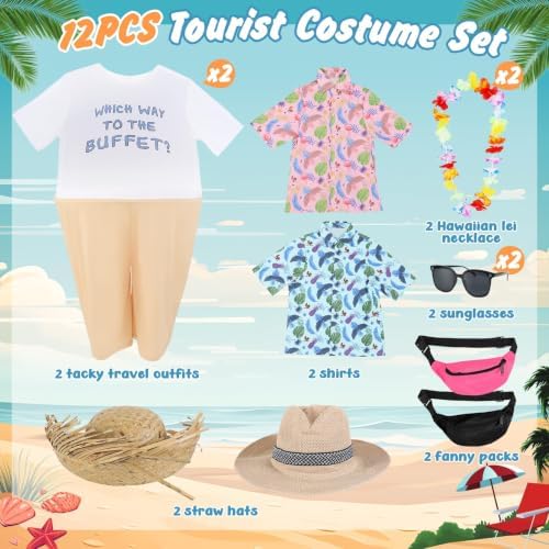 12PCS Tacky Tourist Costume Couples Hawaiian Funny Adult Halloween Set