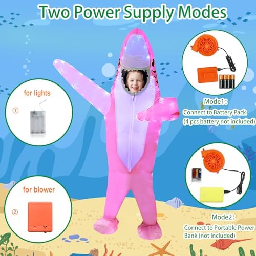 anroog Inflatable Shark Costume Kids with LED Lights Halloween Blow Up Lighted Shark Costumes for Boys Girls Party Cosplay