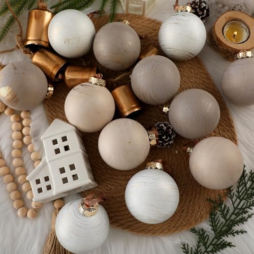 Yunlly 12 Pcs Neutral Christmas Ornament, Ivory Taupe Beige, 3.15''