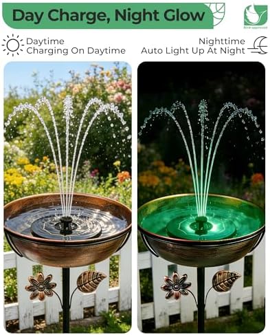 Metal Bird Bath with Solar Fountain, LED Lights & Battery Backup