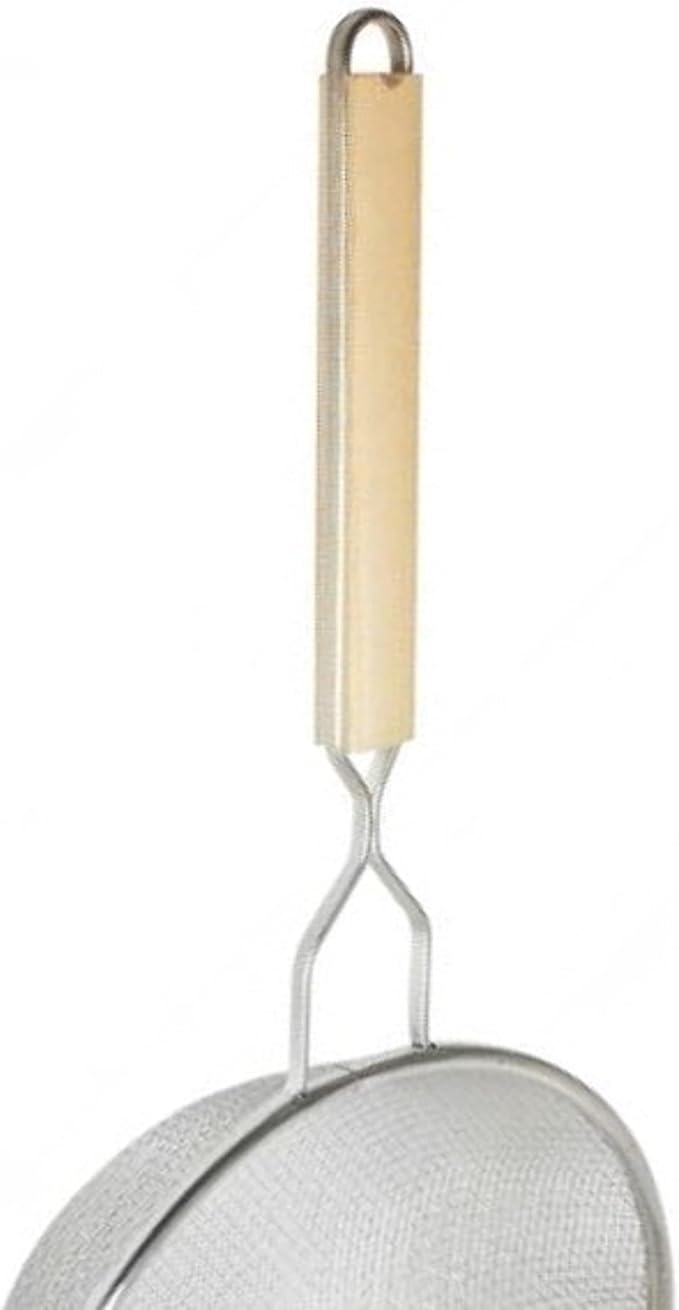 TrueCraftware- 10-Inch Double Fine Mesh Strainer Stainless Steel with 10-3/4" Handle Length Wooden Handle- Kitchen Utensil Food Strainer Skimmer Spoon for Cooking Sieve Sifters Pasta Fruits Vegetable
