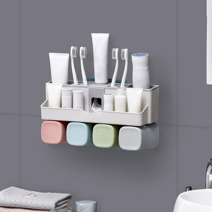 Toothbrush Rack Wall Mounted Toothbrush Holder No Punch Bathroom Shaver Storage Rack with Mouthwash Cup, Toothpaste Squeezer Kit Bathroom Toothbrush Holder(B)