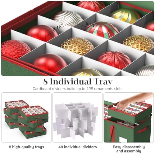 Winpull Christmas Ornament Storage Box with 8 Trays, Christmas Storage Container for 128-3'' Holiday Ornament Decorations, Large Xmas Organizer with Adjustable Dividers, Dual Zipper and Pocket (Green)