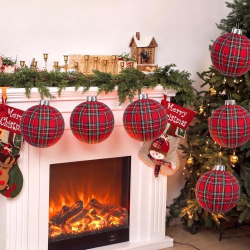 Jetec 6 Pcs 10 Inch Christmas Ball Ornaments Silver Cap, Red Tartan Plaid