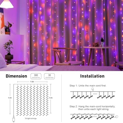 JMEXSUSS 300LED Halloween Curtain Lights, Orange and Purple, 9.8x9.8ft