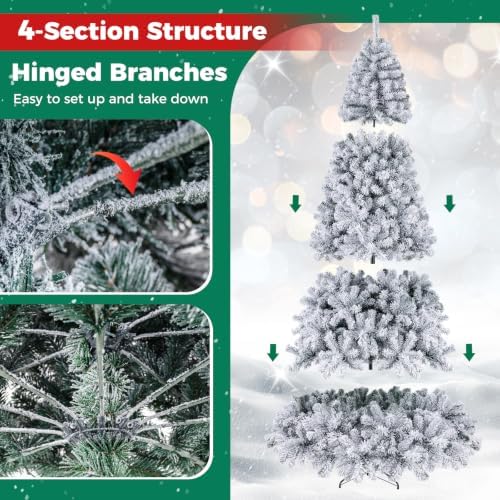 Happygrill 9FT Christmas Tree, Premium PVC Needles, 1498 Branch Tips, Pre-Lit Flocked Snow Hinged Pine Tree with Solid Metal Stand, 550 LED Lights, Ideal for Holiday Decoration, White