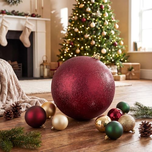 Threan 10 Inch Burgundy Glitter Large Christmas Ball Ornament