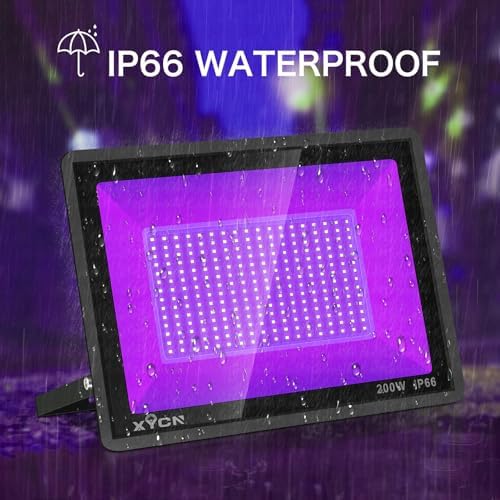 XYCN 4 Pack 200W LED Flood Black Lights,395nm to 405nm UV Outdoor Flood High Power Blacklight Light with Plug in, IP66 Waterproof Large Black Light Spotlight for Glow Party Large Space, Halloween