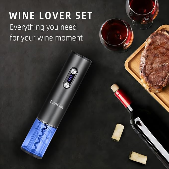 Electric Wine Opener Set, Rechargeable 4-in-1 Corkscrew Luxury Gift Box with Charging Vacuum Stopper, Aerator Pourer & Foil Cutter,Cordless Metal Automatic Bottle Opener Kit for Men & Women