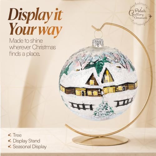 Hand Blown Glass Ball Christmas Ornament, 5 in, Cottage Houses White