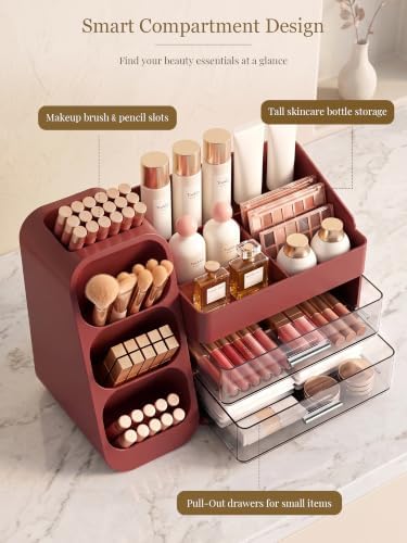 Booklov Large Makeup Organizer for Vanity Countertop, Red