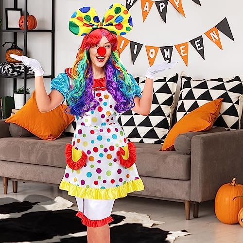 Handepo 6 Pcs Halloween Clown Costume Women Circus Dress Rainbow Wig