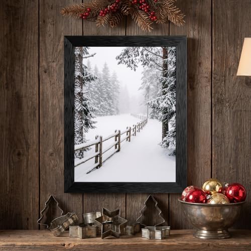 Framed Winter Fence Canvas Wall Art, Winter Scene, Black Frame Inch 24x36