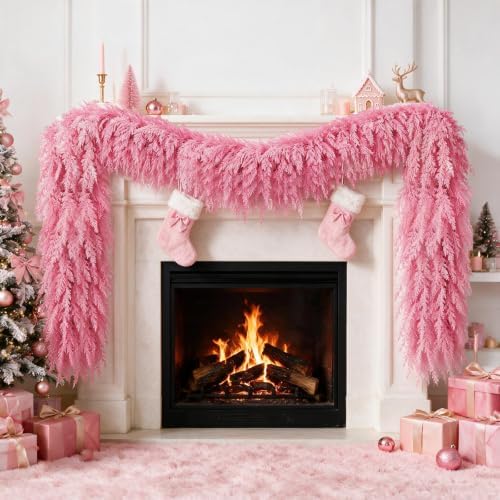12FT Pink Christmas Cedar Garland, Realistic Artificial Garland, Soft Pastel Xmas Decorations Indoor Outdoor, Faux Holiday Garland for Mantle, Fireplace, Table, Door, Wedding Party Decor