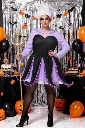 AOBUTE Adult Halloween Octopus Costume Set Plus Size Purple Tentacle Dress