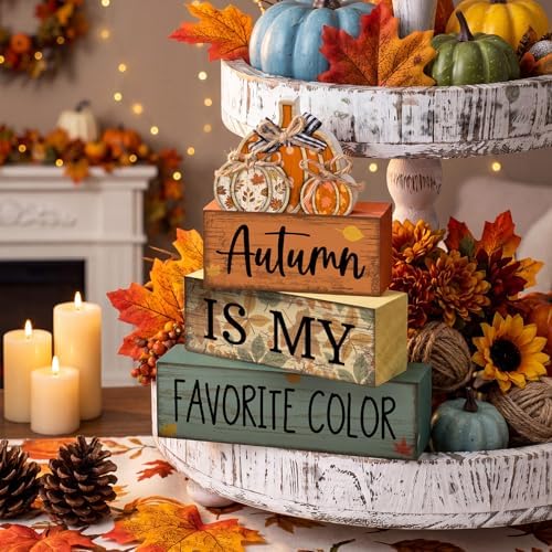 Lineshading 4 Pcs Fall Table Decor Wooden Pumpkins, Autumn Block Signs