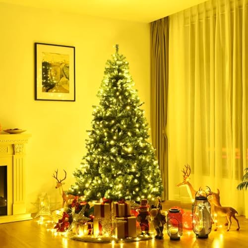 HAPPYGRILL 7FT Pre-lit Artificial Christmas Tree with 500 LED Lights, 1570 PVC Branch Tips and Foldable Base, Premium Spruce Tree Hinged Xmas Tree with 11 Color Modes for Holiday Decor