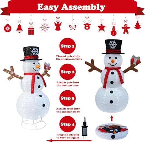 Outdoor Snowman Lighted, Pop-Up Snowman Outdoor Yard Christmas Decorations Prelit 100 Lights, Collapsible Lighted Snowmen Wears Red Scarf and Holds Light Up Gift Box for Home Porch Yard Décor-Red