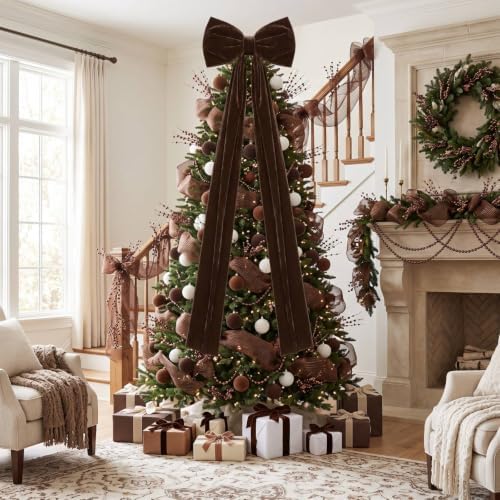 56 Pcs Brown Christmas Tree Decoration Set Neutral Velvet Bow Balls Ribbon