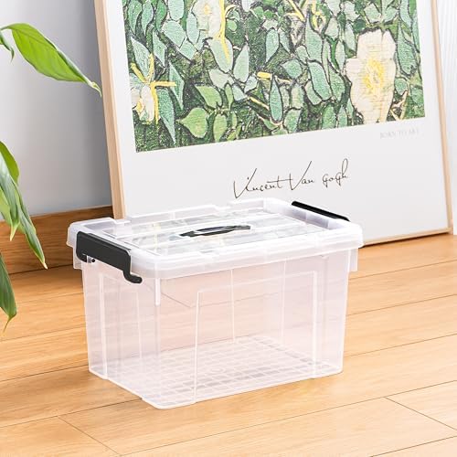 Cetomo Lidded Storage Bin with Handle, Storage Bins with Lid, Organizing Container with Secure Latching Buckles, Stackable and Nestable, Plastic, 25 Quart-6 Pack, Clear