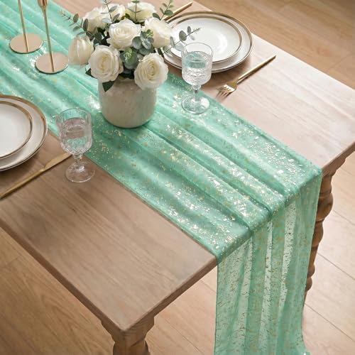 Artoid Mode 10Pcs Turquoise Gauze Gold Table Runner 10FT, Glitter Metallic Foil Sheer Dining Wedding Anniversary Holiday Table Decor for Home Party
