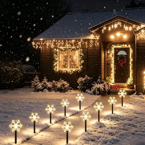10 Pack Christmas Solar Pathway Lights, Snowflake Outdoor Decorations