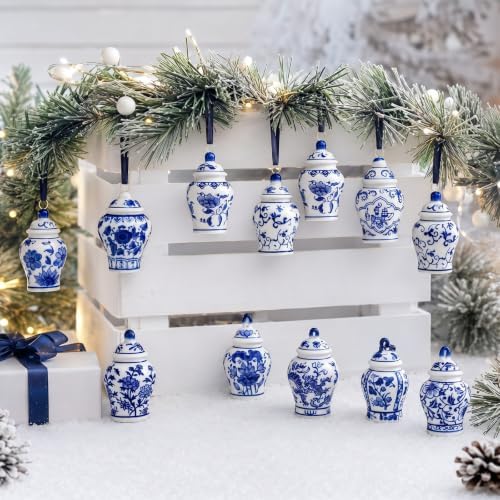 Peryiter 12 Pcs Blue White Christmas Ornaments Ginger Jar, Minimalist