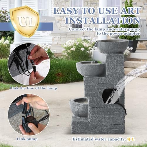 Grepatio 4-Tiers Indoor/Outdoor Garden Water Fountain, 21.9" H Cascading Water Feature Waterfalls Fountain with 4 LED Lights, Outdoor Floor Standing Water Fountains for Garden, Yard, Decor (Grey)