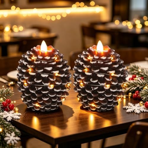 Wondise Pine Cone Flameless Candles with 6H Timer String Lights