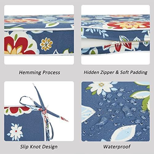 JMGBird Outdoor Chair Cushions Set of 4 - Waterproof Patio Seat Cushions 19x19 Inch with Ties, Blue Flower Floral Pattern High Density Foam Square Cushions for Garden Furniture