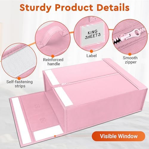 StorageTastic 6 Pack Bed Sheet Closet Organizers and Storage,Sturdy Foldable Storage Containers with Window and Label,Storage and Organization for Bedding Sheets,Duvet Covers,Blankets (Pink)