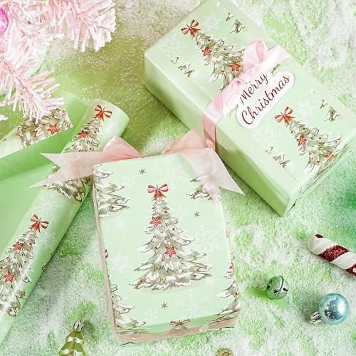 WRAPAHOLIC 30 Inch Reversible Christmas Wrapping Paper - 30 Inch x 33 Feet - Light Green Christmas Tree Wrapping Paper for Xmas Holiday, Party Celebration