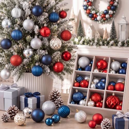 Lunmon 64 Pcs Red Blue and Silver Christmas Ornaments Patriotic Xmas Balls