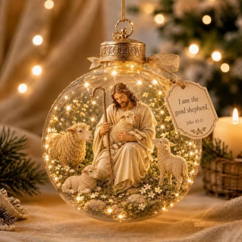 8PC Illuminated Scripture Keepsake Ornament, Lighted Hanging Decoration with Bible Verse, Religious Themed Holiday Ornament, Transparant Ball with 2D Flat Sheet for Christmas Tree Home Display，A-H