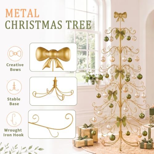 6ft Wrought Iron Christmas Tree, Bow Topper, for Hanging Ornaments, Gold