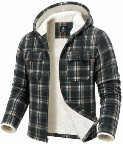 GEEK LIGHTING Men's Flannel Shirts Jacket Sherpa Lined Plaid Zipper Hoodie
