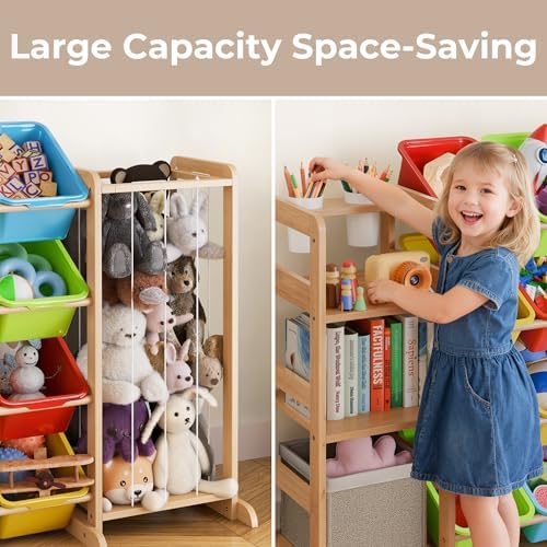 Toy Storage Organizer with Bookshelf and Stuffed Animal Storage - Playroom Organization with 3 Shelves and 16 Bins - Living Room Box for Lego - Nursery Bedroom Decor Essential