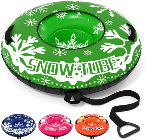 Goplus Inflatable Snow Tube, 42" Heavy-Duty Snow Sledding Tube with Detachable Tow Strap, Thickened Bottom, 3-in-1 Valve, Handles, Winter Outdoor Fun Toy for Kids & Adults, Christmas Birthday