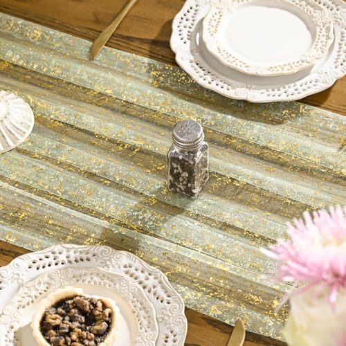 Artoid Mode 3PCS Sage Green Gold Gauze Table Runner 120 Inch 10FT, Glitter Metallic Foil Sheer Dining Wedding Anniversary Holiday Birthday Table Decor for Home Party