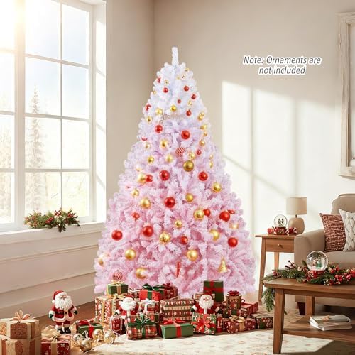 HAPPYGRILL 7 FT Pre-lit Flocked Christmas Tree Pink Hinged Xmas Tree with 1264 Branch Tips, 350 Warm White LED Lights & Folding Metal Stand, for Home Office Carnival