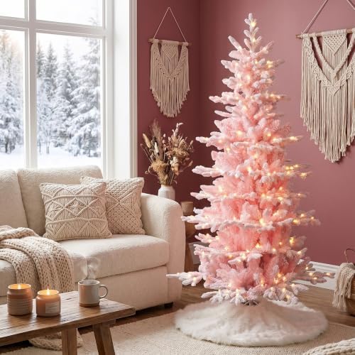 Glitzhome 6ft Prelit Artificial Christmas Tree, Slim Pink Frostfall Fir Xmas Tree with 260 Warm White & Multi-Color Lights, 1,056 PE&PVC Tips, Flocked Christmas Tree for Indoor Holiday Spaces