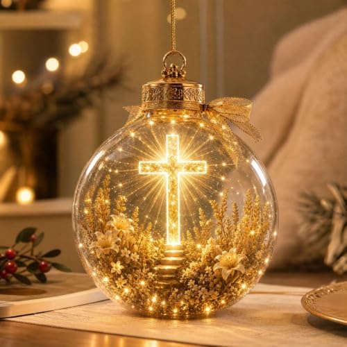 Illuminated Scripture Keepsake Ornament, Lighted Hanging Decoration with Bible Verse, Religious Themed Holiday Ornament, Transparant Ball with 2D Flat Sheet for Christmas Tree Home Display，A