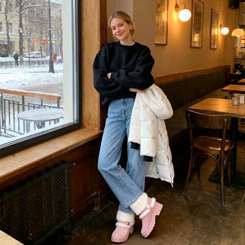 Furry Winter Boots for Women Block Heels Platform Buckle Slip On