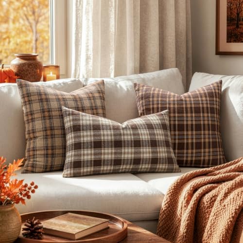 MIULEE Fall Plaid Pillow Covers Scottish Tartan 18x18 Chocolate Brown
