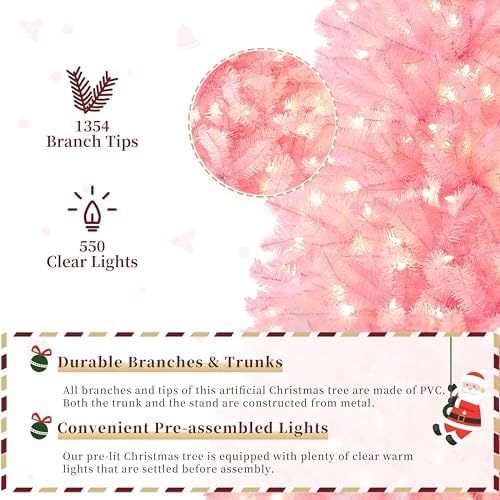 Yaheetech 7.5ft Pre-lit Christmas Tree with 550 Warm White Lights, Pink