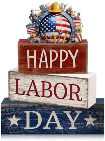 Moucuny 4 Pcs Labor Day Red White Blue Wooden Block Signs Table Decor